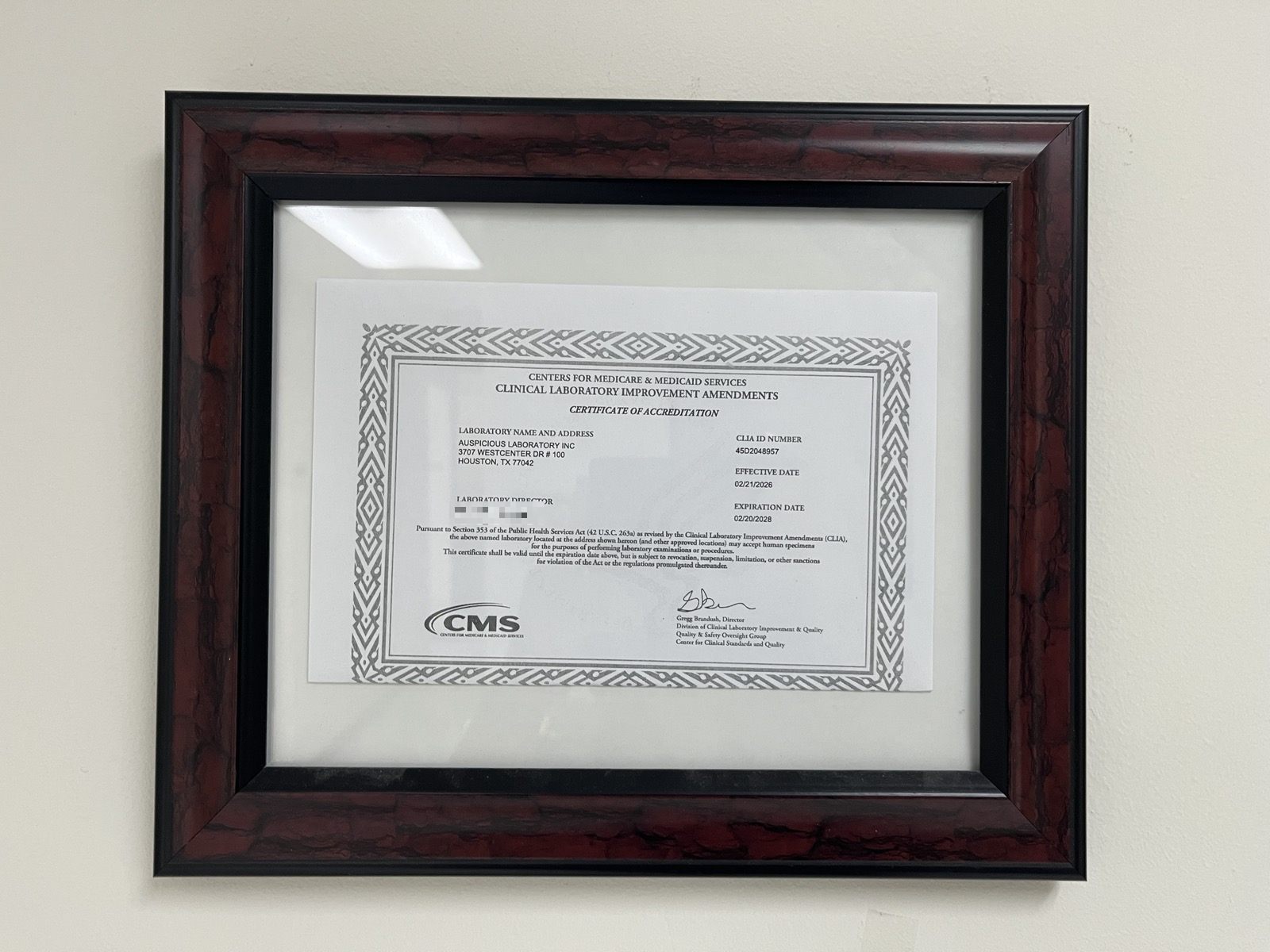 CMS CLIA Certificate of Accreditation for Auspicious Laboratory, CLIA 45D2048957, framed on the lab wall
