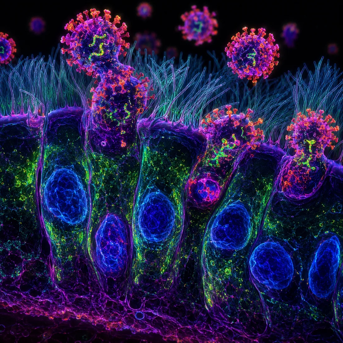 Influenza virus at the ciliated respiratory epithelium — fluorescence rendering