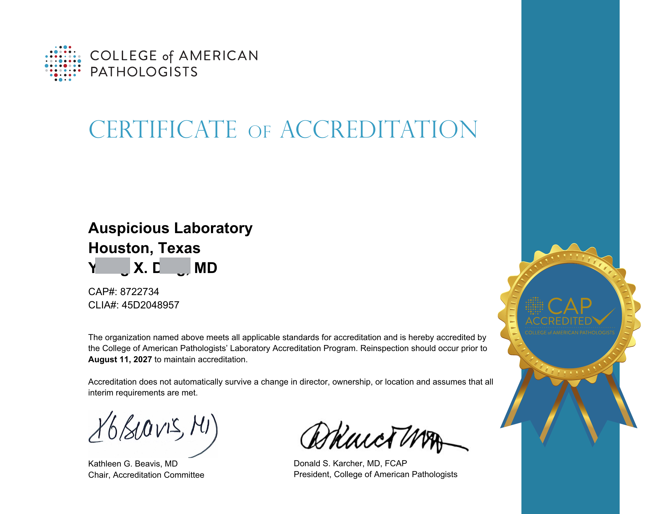 College of American Pathologists Accreditation Certificate for Auspicious Laboratory