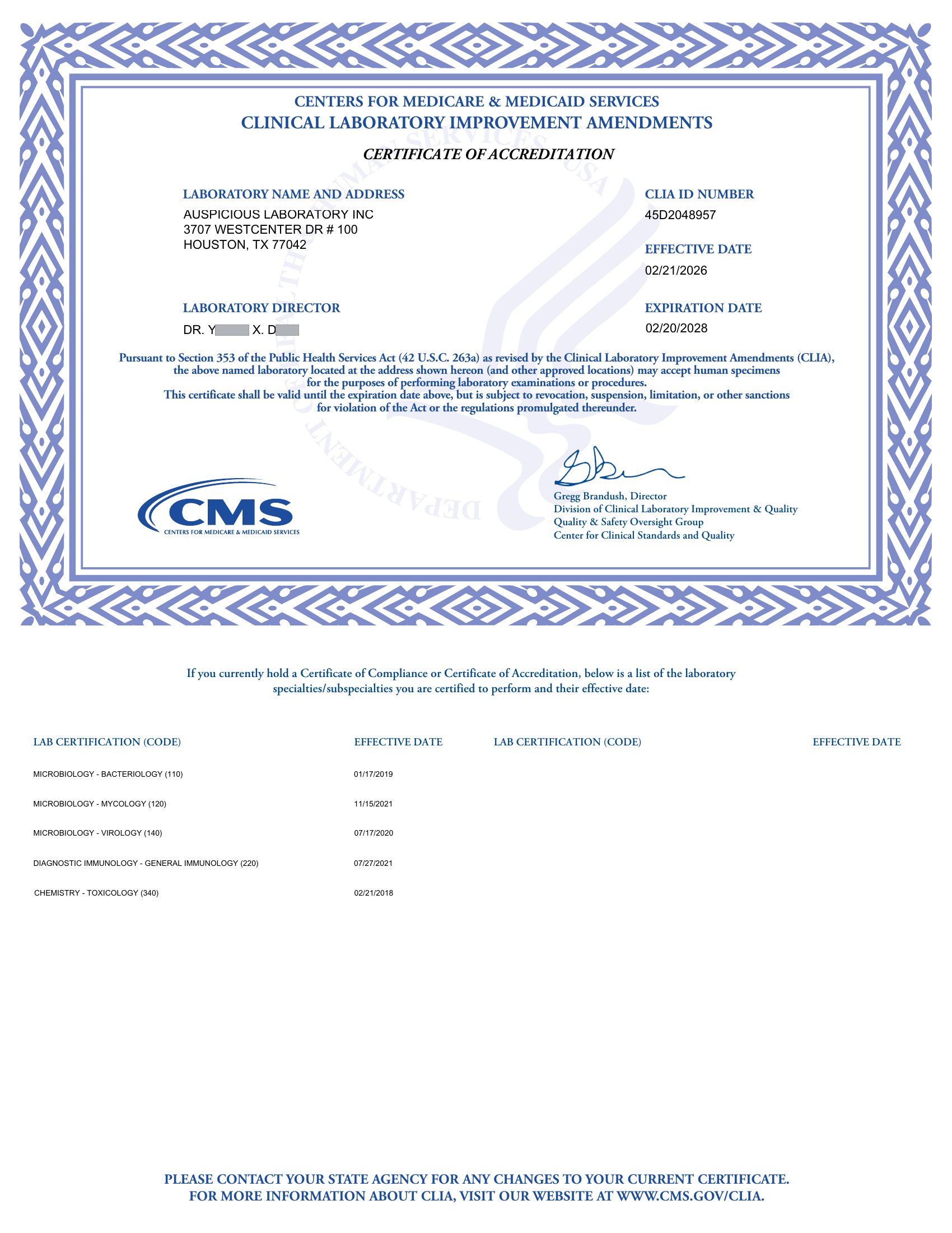 CMS CLIA Certificate of Accreditation for Auspicious Laboratory