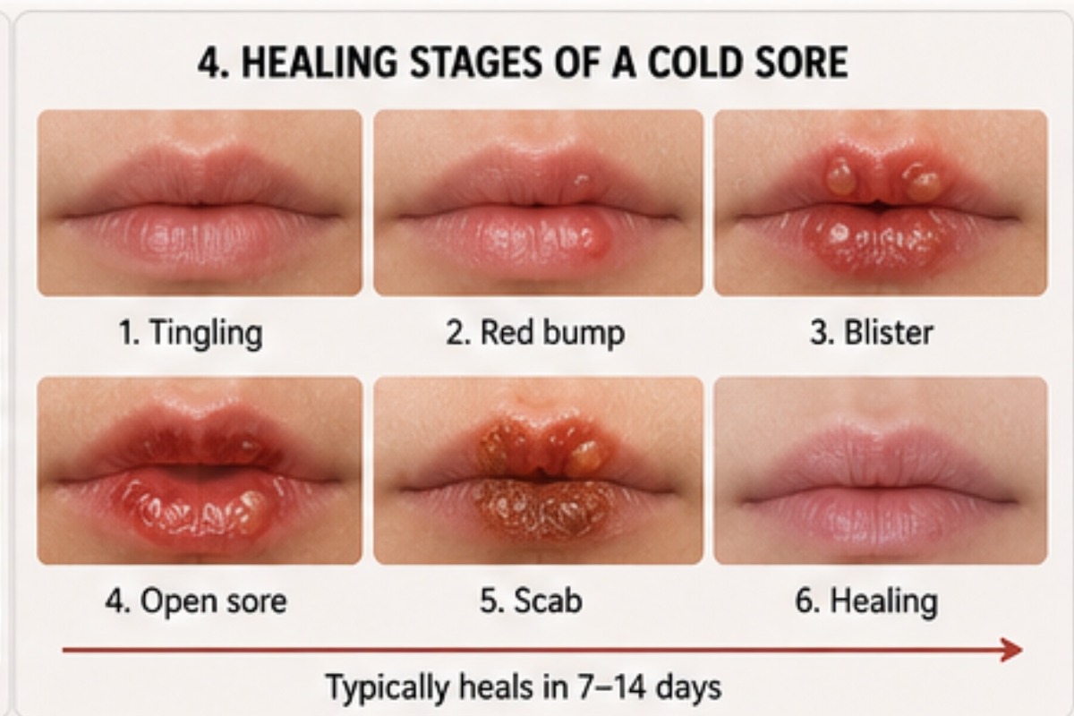 Healing stage of herpes outbreak with scabbing and crusting