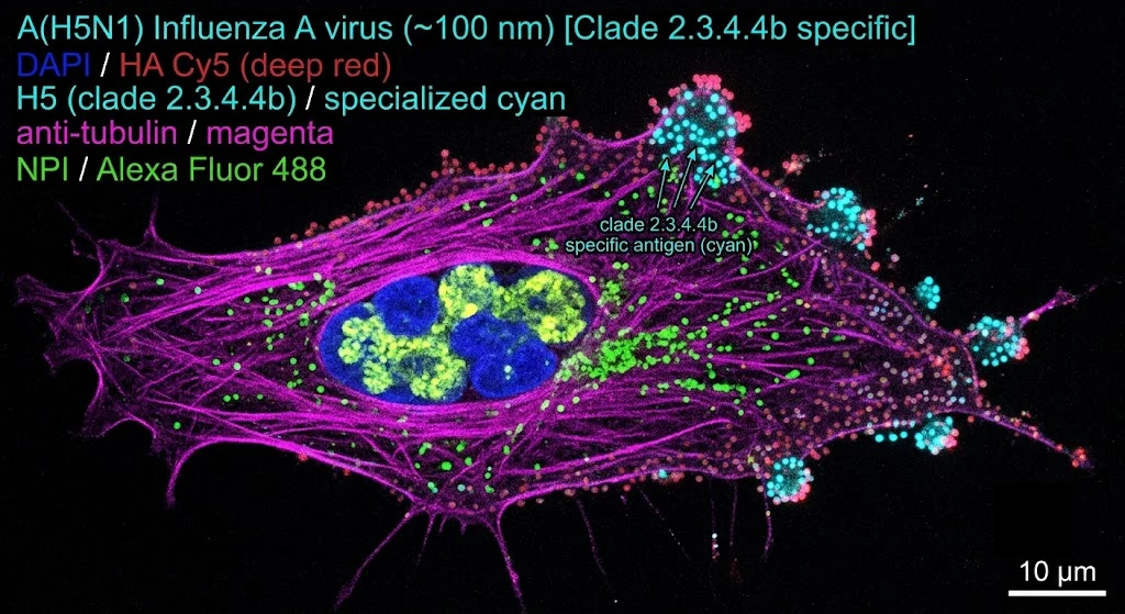 A(H5N1) Clade 2.3.4.4b 分支特异性标记的共聚焦荧光图